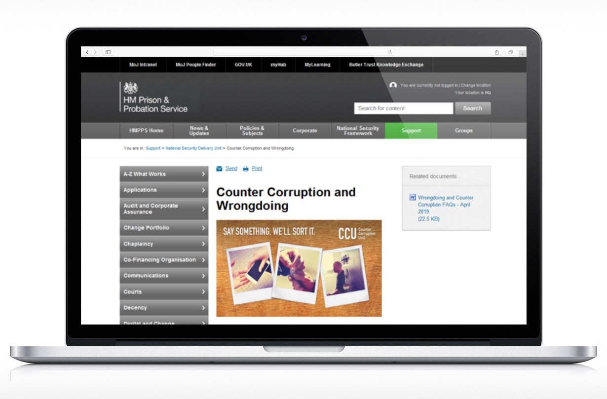 Counter Corruption launch on HMPPS intranet
