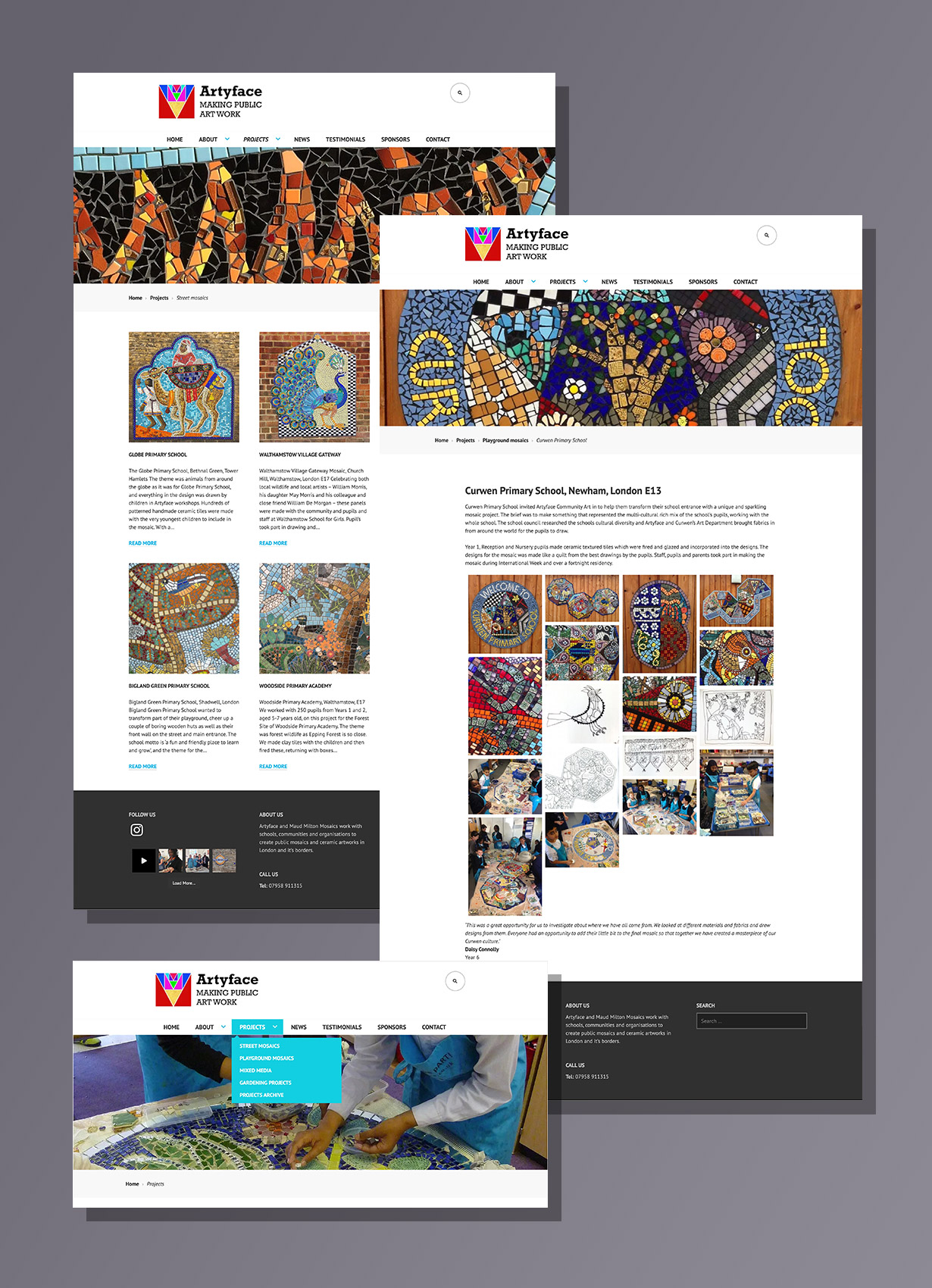 Artyface street mosaic projects page, individual project page and navigation detail